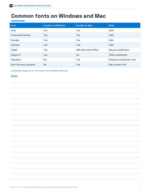 Preview of Printable Font Reference for Windows and Mac