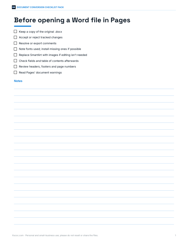 Preview of Word to Pages Checklist